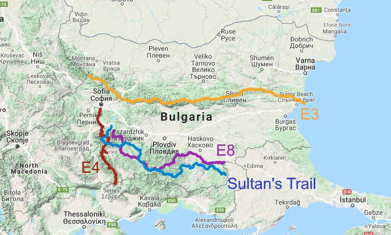 overview map of long distance hiking trails in Bulgaria