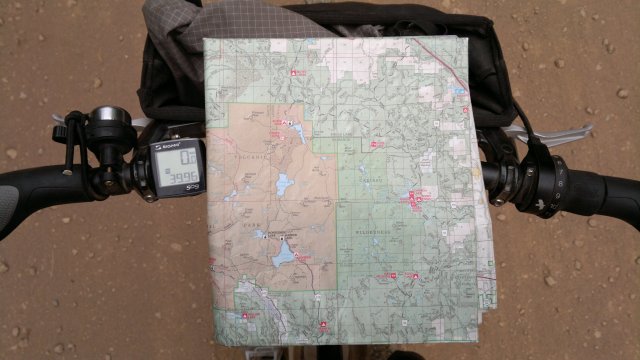 lassen forest service map folded to fit in handlebar bag
