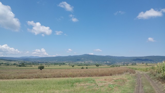 looking back over fields towards mountains